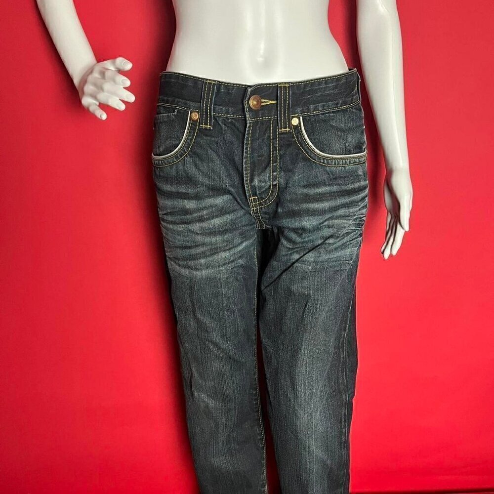Y2K XY Xray dark wash blue jeans with metal branding patch​​​​​​​​​​​​​​